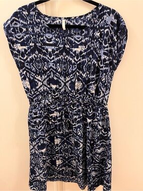TEX Blue Ikat Print Mini Dress with Drawstring Waist - Size 42 (US Large)